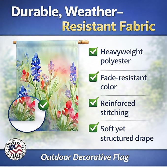 Caroline's Treasures Texas Bluebonnets in Watercolor House Flag Large Porch Sleeve Pole Decorative Outside Yard Banner Artwork Wall Hanging, Polyester, House Size, Multicolor