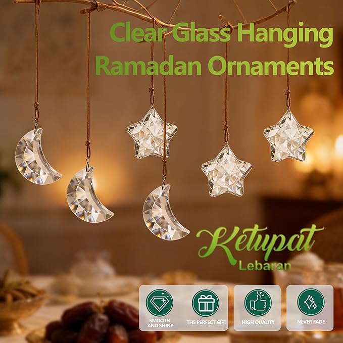 6pcs Clear Crystal Star and Half Moon Prisms Ornaments Faceted Glass Hanging Ornaments for Home Garden Window Wedding Party Decor