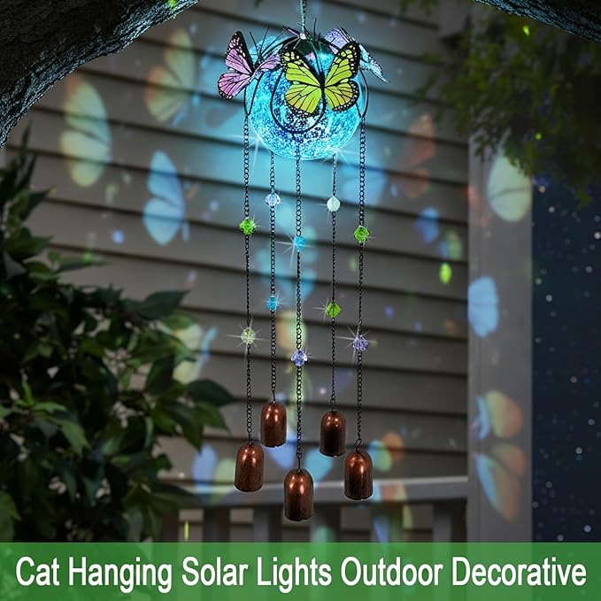 Butterfly Wind Chimes for Outside,Plastic Ball Dangle Solar Lights Outdoor,Waterproof Hanging Yard Decorations for Garden,Patio,Porch