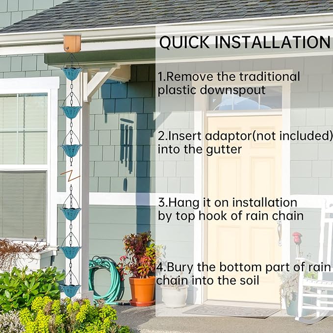 Rain Chains for Gutters Outside 8.5FT Rain Catcher Chain with 12 Blue Tulip Cups Decorative Replacement for Downspout