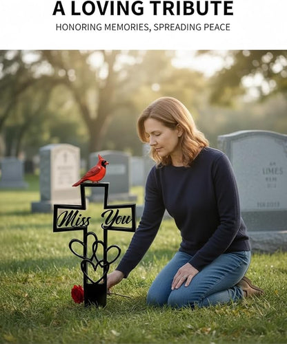 Metal Cemetery Memorial Plaque for Remembrance Cardinal Graveyard Decorations for Humans Red Bird Markers Cross Sign Garden Outdoor Stake Miss You Headstones Easter Sympathy Gifts Tombstones(1pc)
