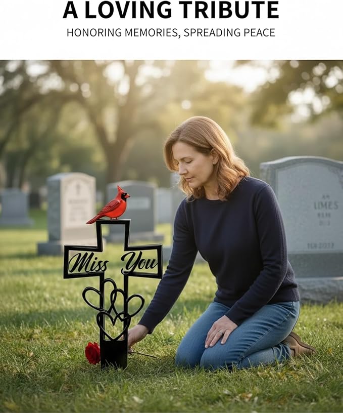 Metal Cemetery Memorial Plaque for Remembrance Cardinal Graveyard Decorations for Humans Red Bird Markers Cross Sign Garden Outdoor Stake Miss You Headstones Easter Sympathy Gifts Tombstones(3pcs)