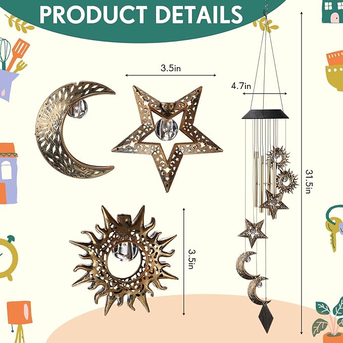 Colingmill Solar Wind Chimes for Outside Waterproof Hanging Wind Chimes Lights Outdoor Decor Yard Garden Gifts for Mother Mom Grandma Wife Neighbors(Sun Moon Star,Warm Colored Lights)