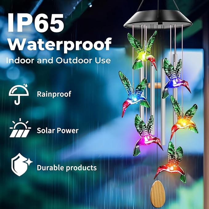 Solar Powered Hummingbird Wind Chimes with 4 Music Aluminum Tubes, Hummingbird Wind Chimes for Outside,Best Gifts for Mom Grandma Women Wife Aunt Sister, Unique Mobile Wind Chime, Garden Yard Decor