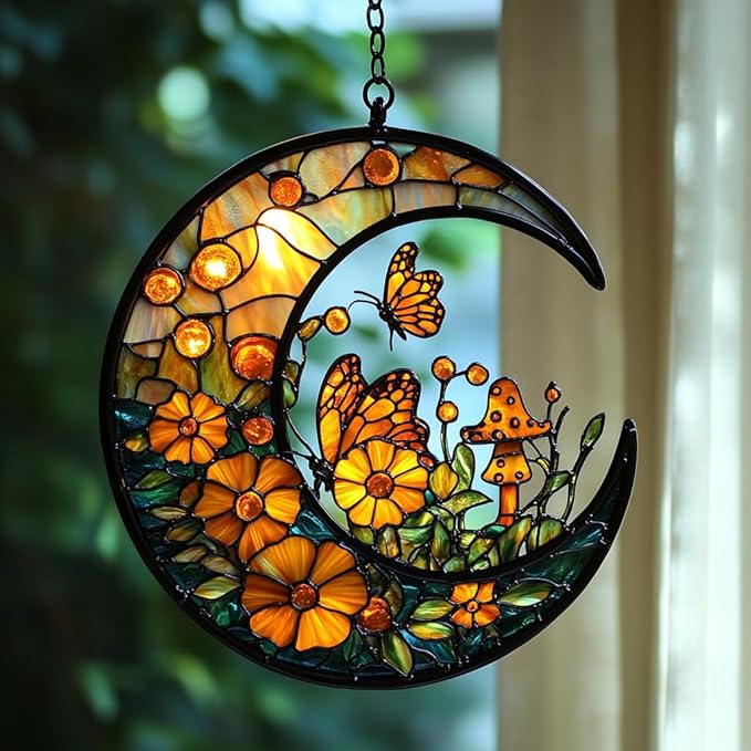 Floral Cresent Moon Acrylic Suncatcher Stained Glass Effect Window Car Hanging Christmas Ornament Indoor Outdoor Decor Garden Sun Catcher Panel for Boho Lover for Women Mom Grandma