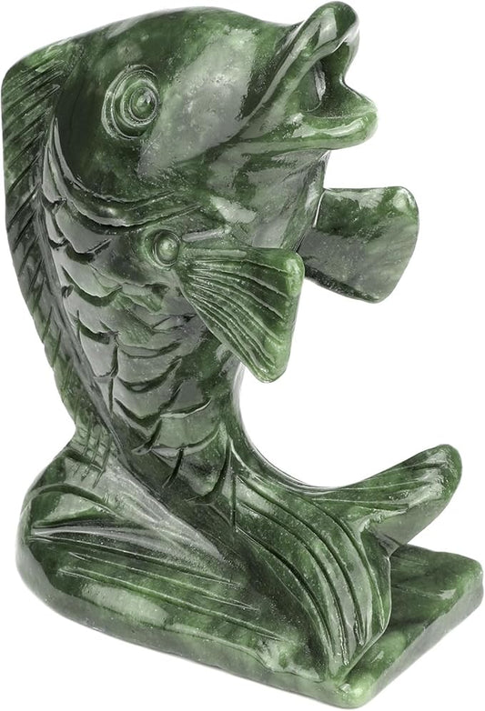 gemshan Jade Koi Fish Statue - 4.5 Inch Natural Jade Lucky Charm, Collector's Art Piece for Aquarium/Desk/Garden Feng Shui Arrangement
