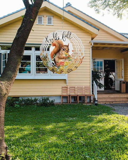 Stainless Steel Wind Spinner for Yard Garden Decoration, Watercolor Hand Drawn Floral Sunflower Squirrel Round Wind Sculpture Spinner 3D Crafts Hanging Ornaments for Indoor Outdoor, 8 Inch