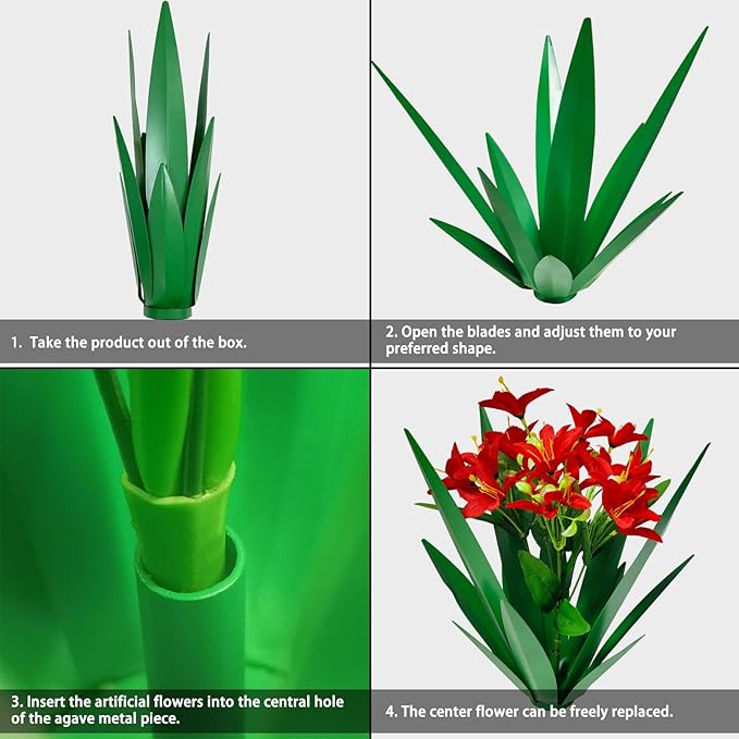 DDQ Metal Agave Plant Outdoor Decor with Artificial Flowers, Mexican Style Garden Sculpture, Waterproof Yard Art for Patio Lawn, Multiple Flower Options (Green Agave + Sunflower/Red/Yellow/Purple)