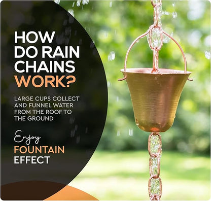 Copper Rain Chain – Decorative Chimes & Cups Replace Gutter Downspout & Divert Water Away from Home for Stunning Fountain Display – 6.5’ Long for Universal Fit – Bell Style