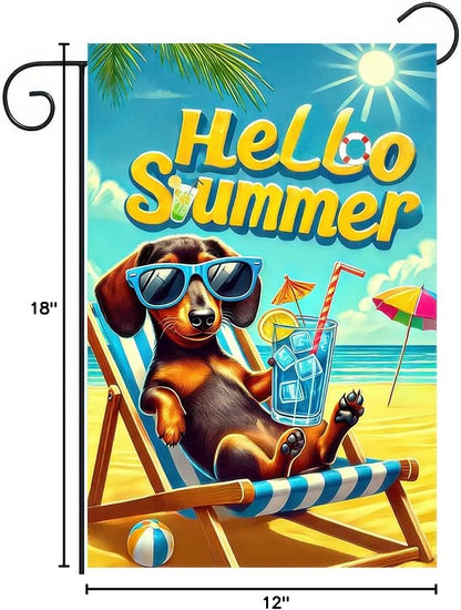 HOMETITUTE Hello Summer Garden Flag Dachshund Dog Flag 12x18 Inch Double Sided Summer Dachshund Garden Flag Sea Beach Seasonal Yard Flag for Outside Decoration Small Seasonal Decor for Farmhouse Holiday