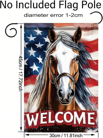 Spring Summer Garden Flag 12x18 Inch Patriotic Horse Welcome American Outdoor Western Farm Animal Design Outdoor Yard Porch Lawn for Seasonal Americana Country Home Decor