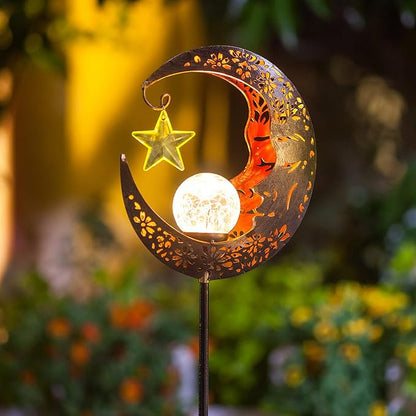 Hapjoy Solar Lights Outdoor Decor Moon Lantern for Patio,Lawn or Pathway Moon Decorations Crackle Glass Globe Stake Metal Lights Waterproof Warm LED Garden Gifts (Bronze)