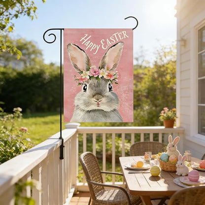 1Pcs Happy Easter Garden Flag, Cute Bunny Garden Flags 12x18 Double Sided, Flower Rabbit Vertical Flag, Spring Holiday Yard Flags, Pink Small Garden Flags for Outside Yard Lawn Easter Decorations