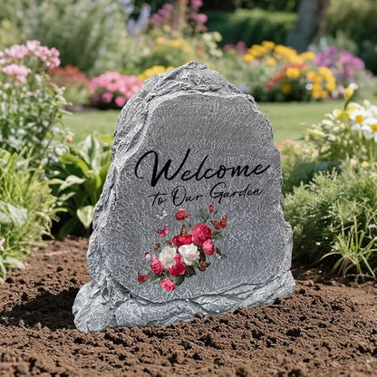 Garden Stone Sculpture with Roses and Butterflies, Solar Resin Outdoor Sculpture, Suitable As A Grave Decoration for Gardens, Lawns, Cemeteries, Memorial Gifts, Home Decoration