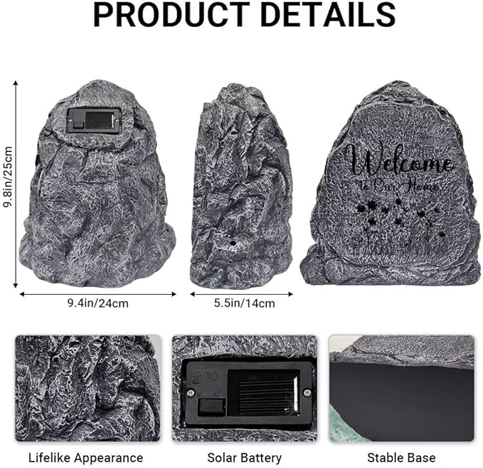 Garden Stone Sculpture with Flowers and Text Welcome to Our Home, Solar Resin Outdoor Sculpture, Suitable As Tomb Decoration for Gardens, Lawns, Cemeteries, Memorial Gifts, Home Decoration