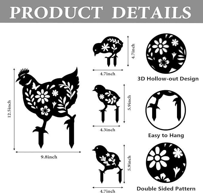 4Pcs Metal Chicken Garden Decorative Statues Distinct Hen and Chicks Silhouette Design,Black Hollow-Cut Yard Art, Perfect Decor for Lawns Yard Gardens