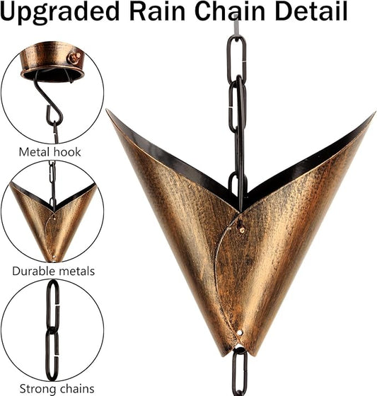 8.6 FTRain Chain Set with Adapter, Anti-Rust Rain Chain for Out Side with Glass Leaf Decoration,12 Cups Rain Chain for Gutter,Garden Decoration for Family,Friends(Brown)