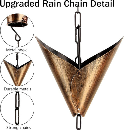 Wrought Iron Rain Chain Set with Adapter 8Ft Outdoor Garden Rain Chain Set Rain Gutter System with Brown Rain Chain Includes 12 V-Shaped Drip Cups and Bell Decorative Hooks