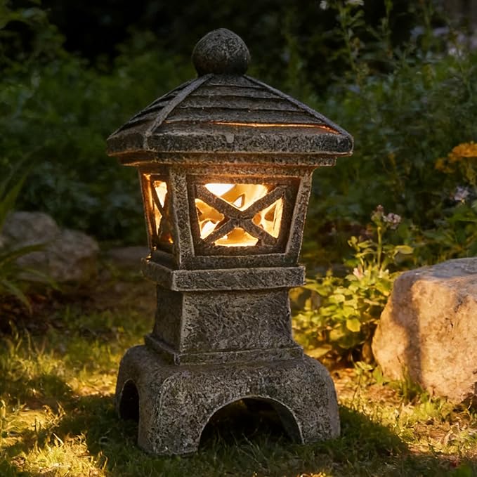 Solar Pagoda Garden Statue Outdoor Zen Japanese Stone Lantern Decor Asian Style Pagoda Lantern Light for Yard Decorations Patio Backyard Lawn Ornaments Home Landscape Art