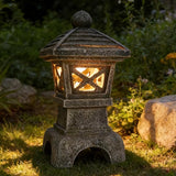 Solar Pagoda Garden Statue Outdoor Zen Japanese Stone Lantern Decor Asian Style Pagoda Lantern Light for Yard Decorations Patio Backyard Lawn Ornaments Home Landscape Art