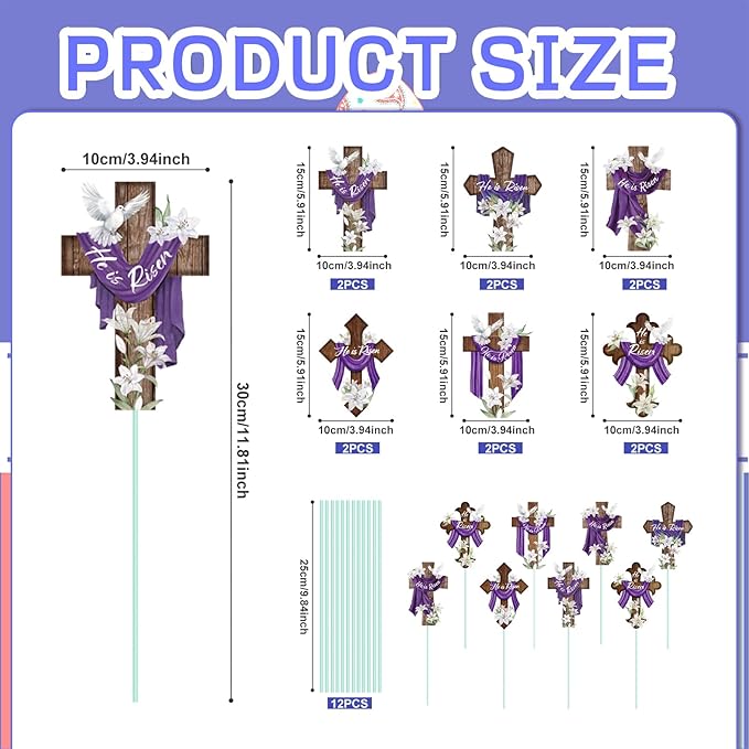 Cinrobiye 12Pcs Easter Planter Stakes Religious He is Risen Flower Pot Signs Christian Cross Stake Outdoor Lawn for Easter Party Patio Yard Outside Greetings Home Farmhouse Decor