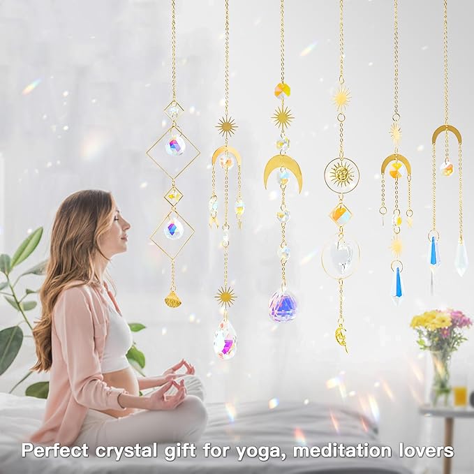 suddus 6pcs Sun Catchers Indoor Window, Hanging K9 Crystals Prism Rainbow Suncatchers for Cat, Christmas, Outdoor, Wall, Garden, Patio, Room, Cute Home Decoration