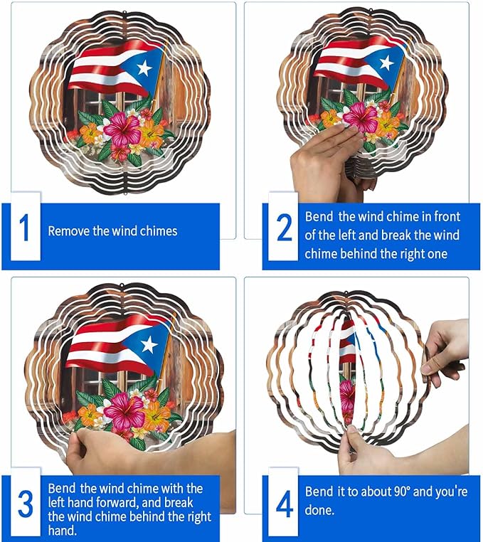 Wind Spinners for Yard and Garden - 3D Stainless Steel Hanging Spinners Indoor/Outdoor Kinetic Yard Art - Round Wind Chime 7.8 Inch, Puerto Rico Flag and Hibiscus in Barn