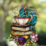 Book Dragon Floral Teacup Acrylic Suncatcher, Bookish Suncatchers for Window Hanging Ornament, Art Garden Decor for Book Lover Reader Bookworm, Gifts for Mother's Day, Mom, Grandma, Wife, Women, Nana