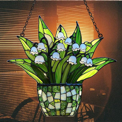 Lily of The Valley Acrylic Suncatcher Stained Glass Effect Window Car Hanging Christmas Ornament Indoor Outdoor Decor Garden Sun Catcher Panel for Floral Lover for Women Mom Grandma