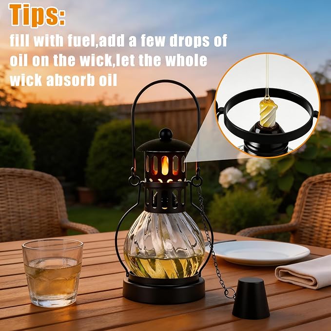 3 Pack Glass Table Top Torches, 14 oz Citronella Torches for Outside, Features hanging handles, Refillable Flame Light Torch, Decorative Tabletop Lantern for Yard, Patio, Garden, Party, Landscape