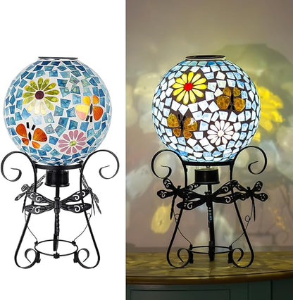 Stargarden Solar Gazing Ball, 10”Glass Gazing Globe, Mosaic Gazing Balls with Metal Ball Stand for Patio, Lawn, Garden Decor