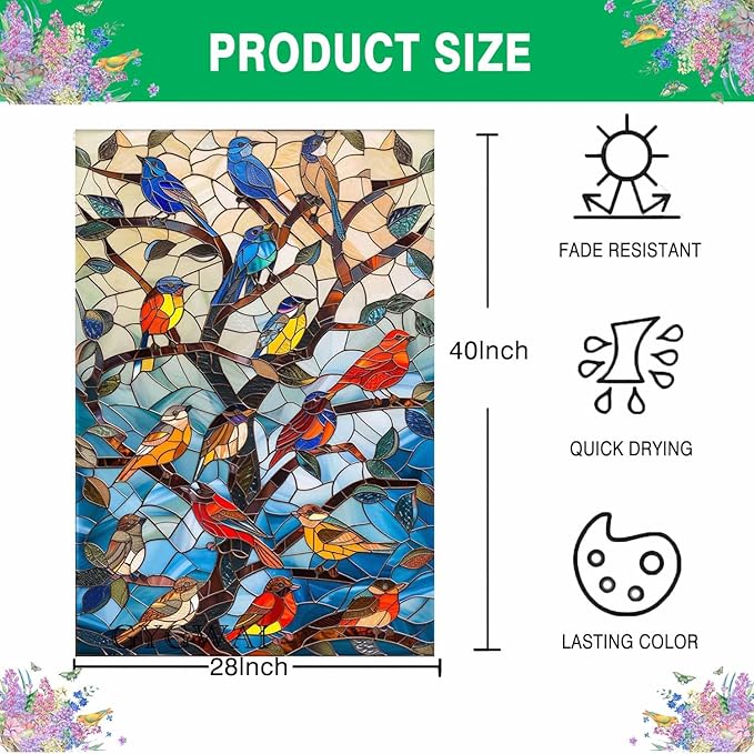 Stained Glass Spring Birds House Flag 28x40 Inch Double Sided Welcome Flag Burlap Large Outdoor Flag for Seasonal Farmhouse Yard Outdoor Decor