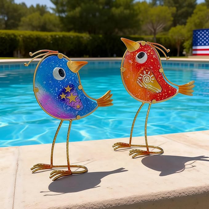 HONGLAND Garden Decor for Outside, Funny Metal & Glass Bird Decor Indoor Outdoor Set of 2, Yard Art Decorations with Housewarming Gift Idea, Colorful Garden Statues