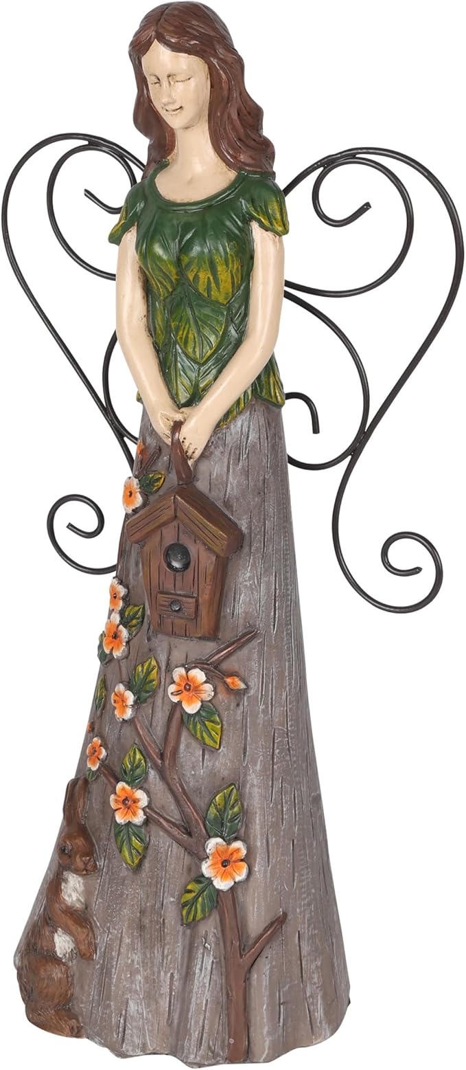 Alpine Corporation WQA1552 Floral Woodland Angel Holding Birdhouse Statue, Sentimental Decor for Garden & Patio, 12" H