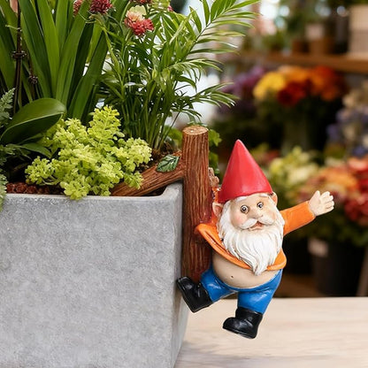 Funny Garden Gnome Statue Flower Pot Hugger, Jackets Hanging on Branch Gnome Figurine Resin Sculpture Outdoor Decor Patio Lawn Yard Fence Plant Pot Ornaments