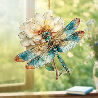 Dragonfly Ornament Stained Glass Style – Acrylic Window Hanging Suncatcher with Flower, Dragonfly Gifts for Women, Christmas Tree Ornament, Whimsical Home & Garden Décor(Sun-21)
