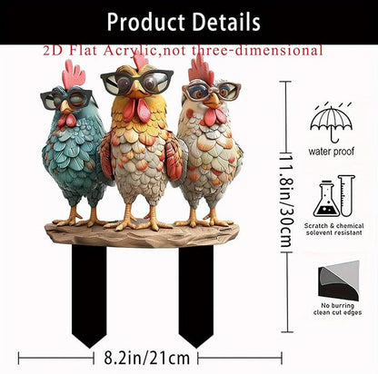 Garden Stake Decor, Acrylic 2D Flat Cute Animal Statue, Fairy Sculptures Ornament Indoor Outdoor Yard Lawn Pot Plant Decorative Accessories (Three Roosters Wearing Glasses)