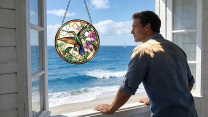 Stained Glass Window Hanging - Green Hummingbirds and Purple Flowers 6.3 Inches Suncatcher for Garden Home Decor for Women Mon Grandma Friends