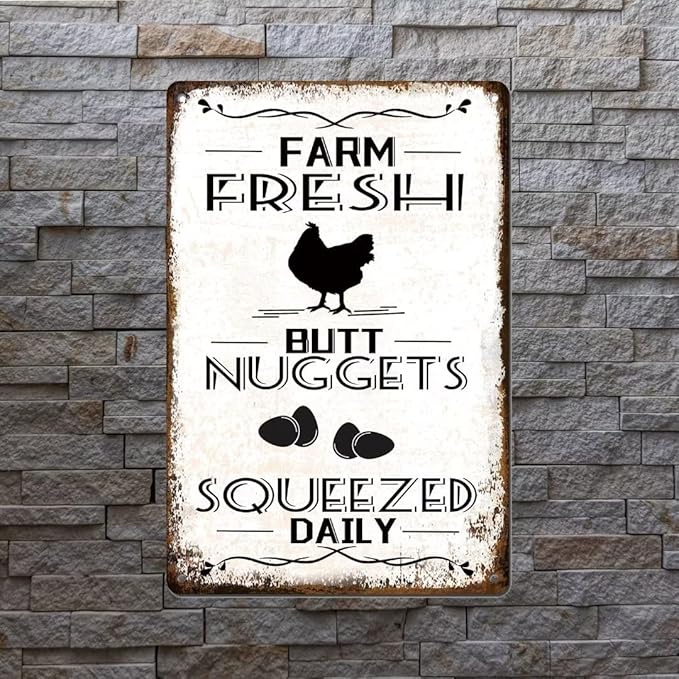 Farm Fresh Nuggets Squeezed Daily Chicken Metal Tin Sign Chicken Coop Signs for Coop Outdoor Funny Chicken Coop Decor Vintage Hen House Sign 12x8 Inch