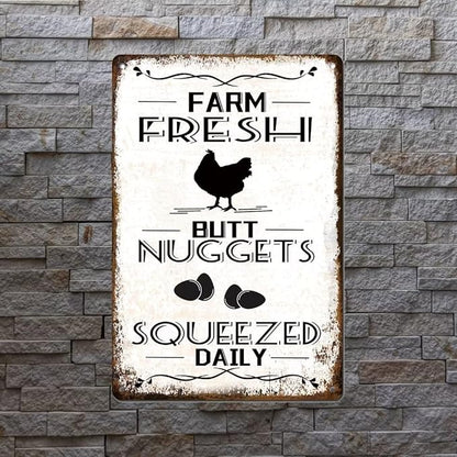 Farm Fresh Nuggets Squeezed Daily Chicken Metal Tin Sign Chicken Coop Signs for Coop Outdoor Funny Chicken Coop Decor Vintage Hen House Sign 12x8 Inch