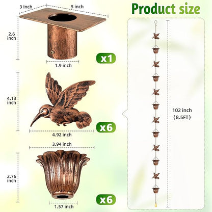 Rain Chains for Gutters Outside 8.5FT Copper Rain Catcher Chain with Adapter Decorative Replacement for Downspout with 6 Hummingbirds and 6 Flower Cups