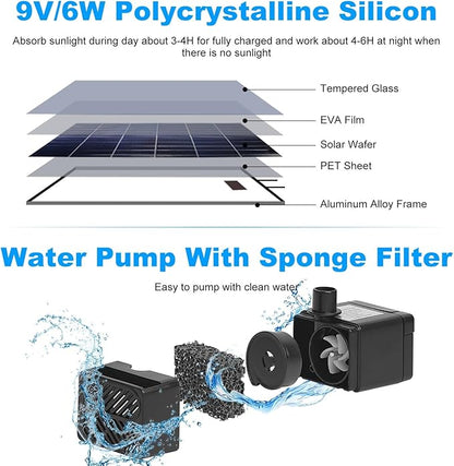 3-Tier Bird Bath Fountain Solar Powered LED Light Detachable Water Pump with 6W Solar Panel for Bird Bath, Courtyard, Outdoor, Garden Decoration