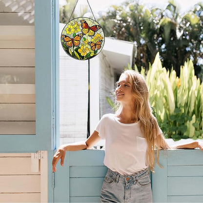 Butterfly with Flowers Sun Catcher Stained Glass Window Hanging for Women Butterfly Decor Handmade Sun Catcher Decoration for Garden Home Housewarming Gifts, 7.87inch