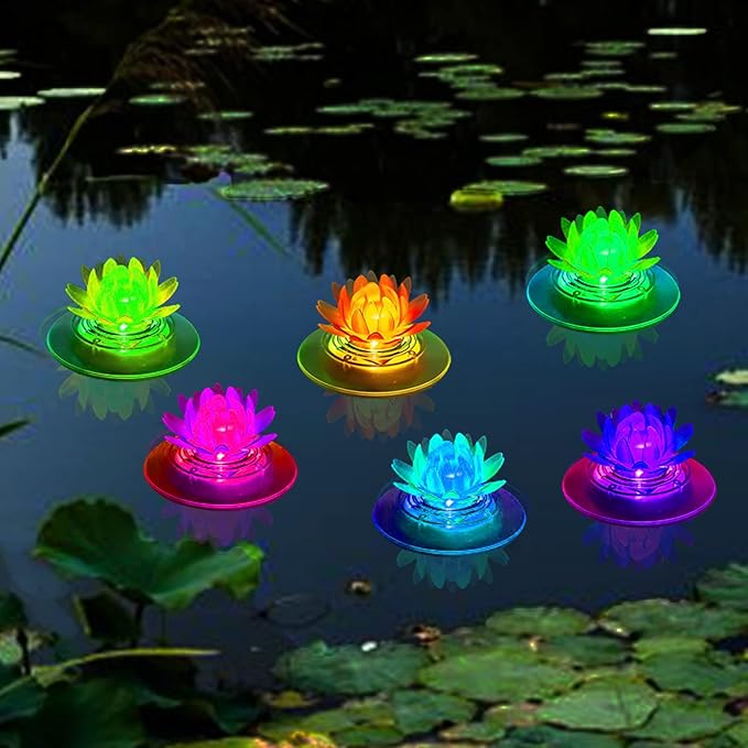 Larekook 1 Pack Solar Lotus Pond Lights, Floating Color Changing Lotus Flower Pool Lights Led Waterproof Outdoor Swimming Pool Pond Submersible Lights