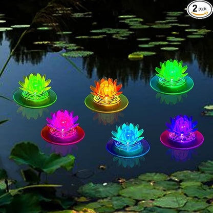 Larekook 2 Pack Solar Lotus Pond Lights, Floating Color Changing Lotus Flower Pool Lights Led Waterproof Outdoor Swimming Pool Pond Submersible Lights
