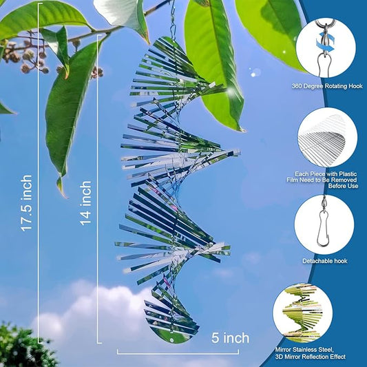 17inch Wind Spinner Outdoor Silver Fishbone 3D Metal Hanging Bird Reflectors for Outside Stainless Steel Kinetic Bird Devices to Scare Birds Away from Yard Decoraction Patio Art Whirligig Gifts