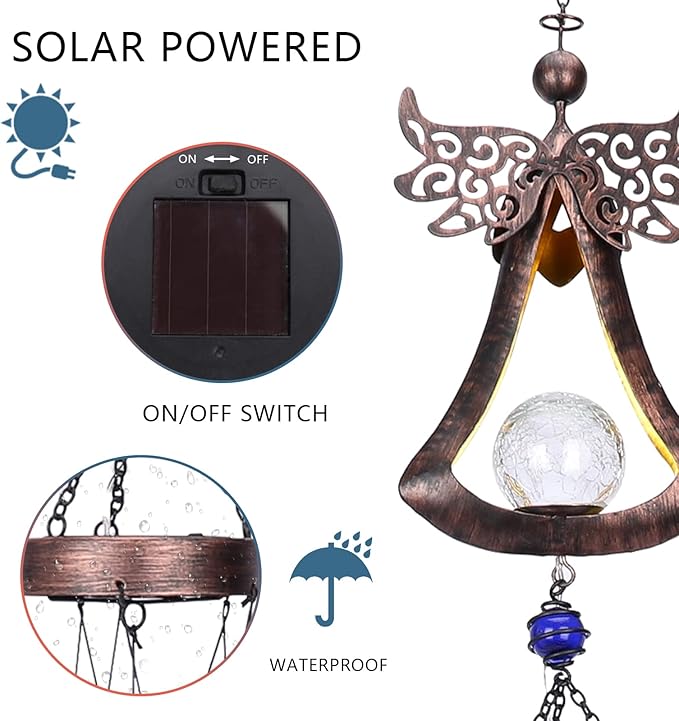 Taman Wind Chime - 42" Angel Solar Lights Wind Chimes Valentine's Day Gift for Outside Crackle Glass Ball LED Decorative Memorial Gift, Aluminum Tubes for Home, Outdoor, Yard, Patio,Garden Decor