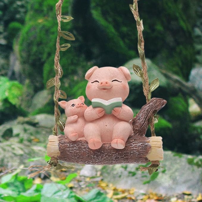 Swing Animal Garden Statue, Resin Ornament, Cartoon Gift,Decorative Hanging Sculpture Cute Pig Figurine for Outdoor Indoor