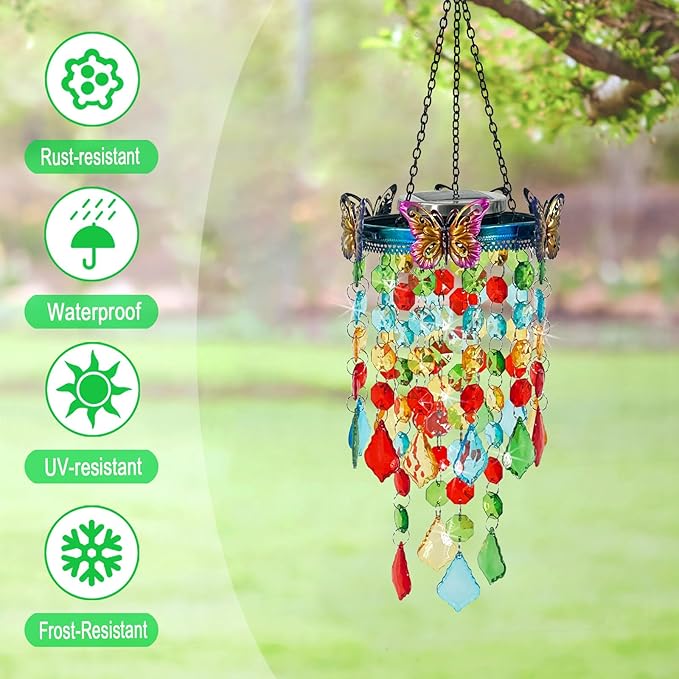 Hanging Solar Lanterns Outdoor Chandelier,Colorful Metal Butterfly with Acrylic Crystal Wind Chimes for Outside,Solar Lights Color Changing LED Outdoor Decorative for Paito,Porch,Yard