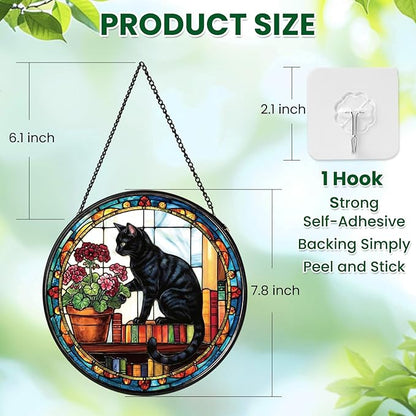 Stained Glass Window Hanging, Black Cat Themed Stained Glass Suncatcher, Window Decor, Black Cat Design Decorative Gift for Women, Couples, Best Friend, Family, Colleague, Classmate 7.8 Inch